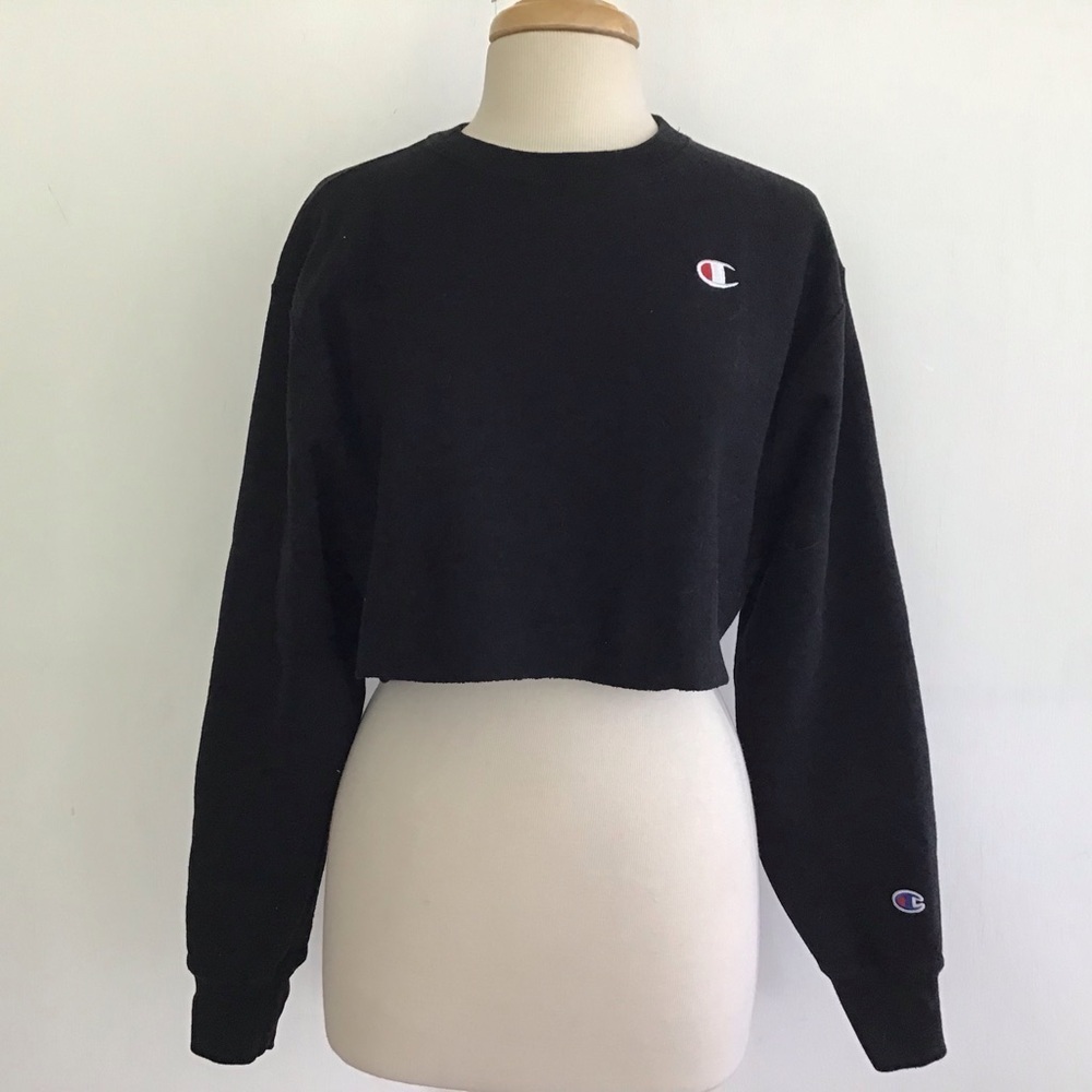 Champion Reverse Weave Cropped Black Sweatshirt Long Sleeve Crewneck Sz S Euc
